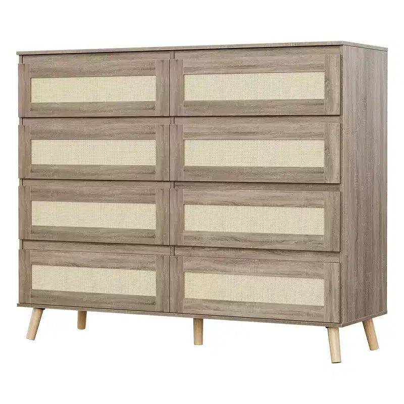 GustoWave 8-Drawer Rattan Dresser Natural Finish Wooden Storage Cabinet for Bedroom Nursery Living Room Entryway