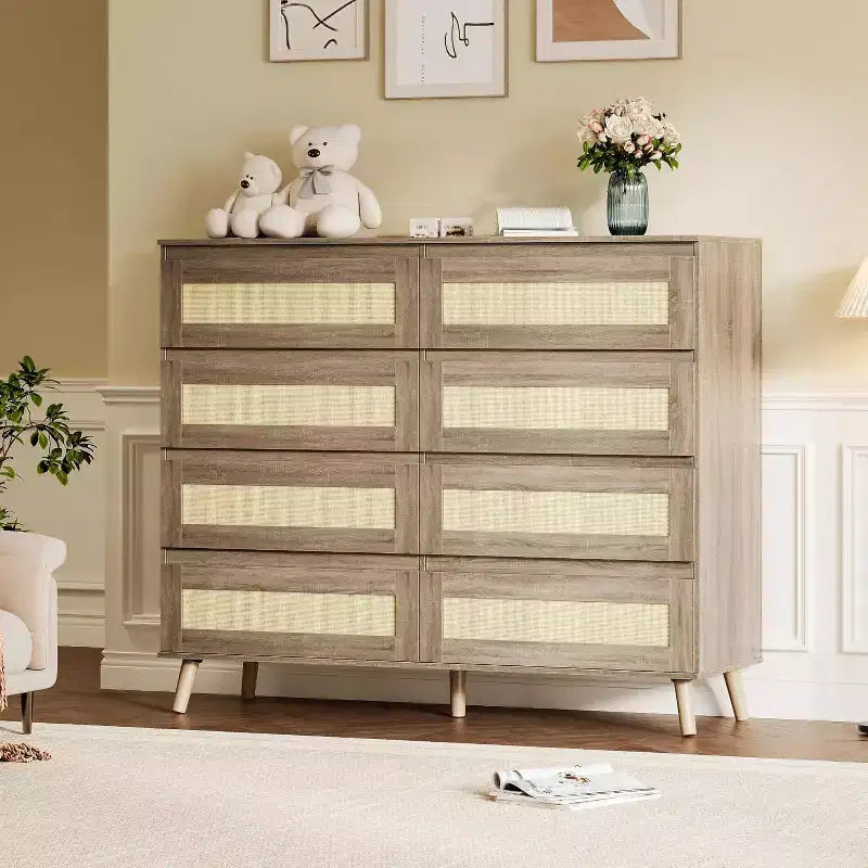 Cassettiera in rattan a 8 cassetti GustoWave, finitura naturale, mobile contenitore in legno per camera da letto, cameretta, soggiorno, ingresso