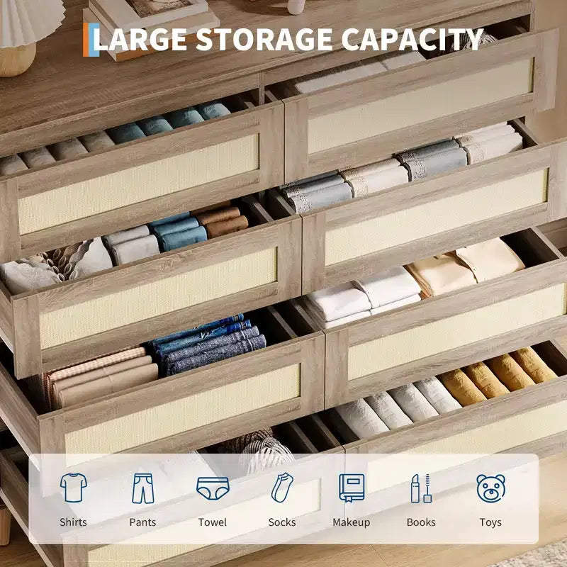 Cassettiera in rattan a 8 cassetti GustoWave, finitura naturale, mobile contenitore in legno per camera da letto, cameretta, soggiorno, ingresso