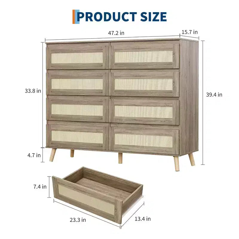 Cassettiera in rattan a 8 cassetti GustoWave, finitura naturale, mobile contenitore in legno per camera da letto, cameretta, soggiorno, ingresso