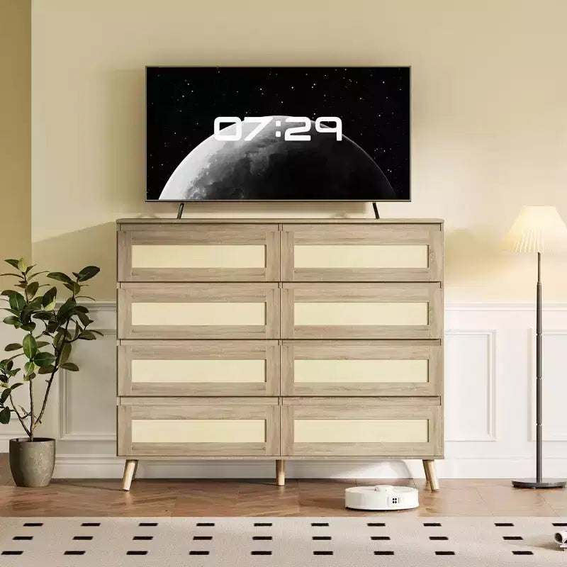 Cassettiera in rattan a 8 cassetti GustoWave, finitura naturale, mobile contenitore in legno per camera da letto, cameretta, soggiorno, ingresso