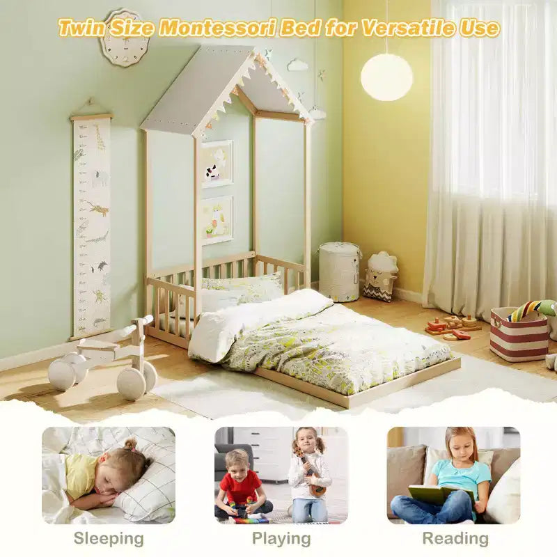 Costway Letto a Casetta per Bambini, Lettino Montessori a Pavimento con Tetto a Forma di Casetta e Mezza Recinzione, Naturale/Bianco/Grigio