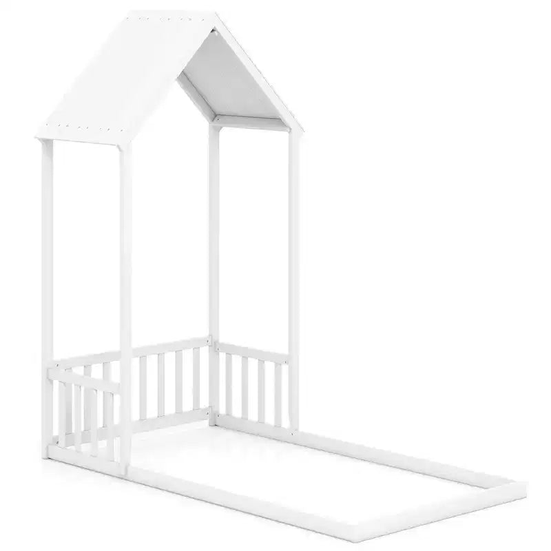 Costway Letto a Casetta per Bambini, Lettino Montessori a Pavimento con Tetto a Forma di Casetta e Mezza Recinzione, Naturale/Bianco/Grigio