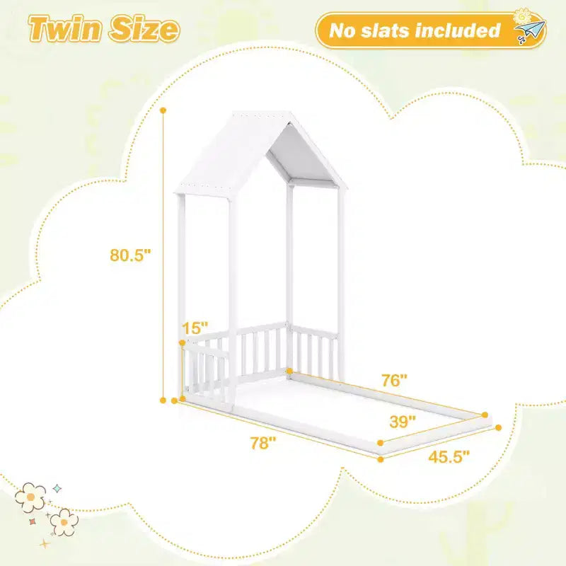 Costway Letto a Casetta per Bambini, Lettino Montessori a Pavimento con Tetto a Forma di Casetta e Mezza Recinzione, Naturale/Bianco/Grigio