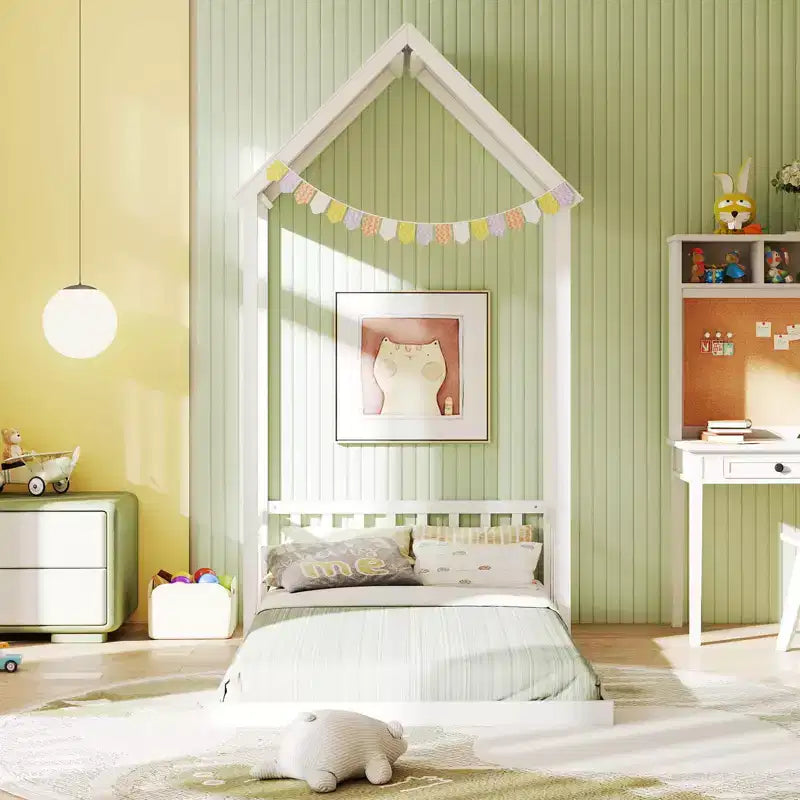 Costway Letto a Casetta per Bambini, Lettino Montessori a Pavimento con Tetto a Forma di Casetta e Mezza Recinzione, Naturale/Bianco/Grigio