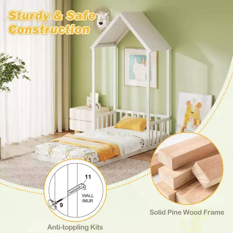 Costway Letto a Casetta per Bambini, Lettino Montessori a Pavimento con Tetto a Forma di Casetta e Mezza Recinzione, Naturale/Bianco/Grigio