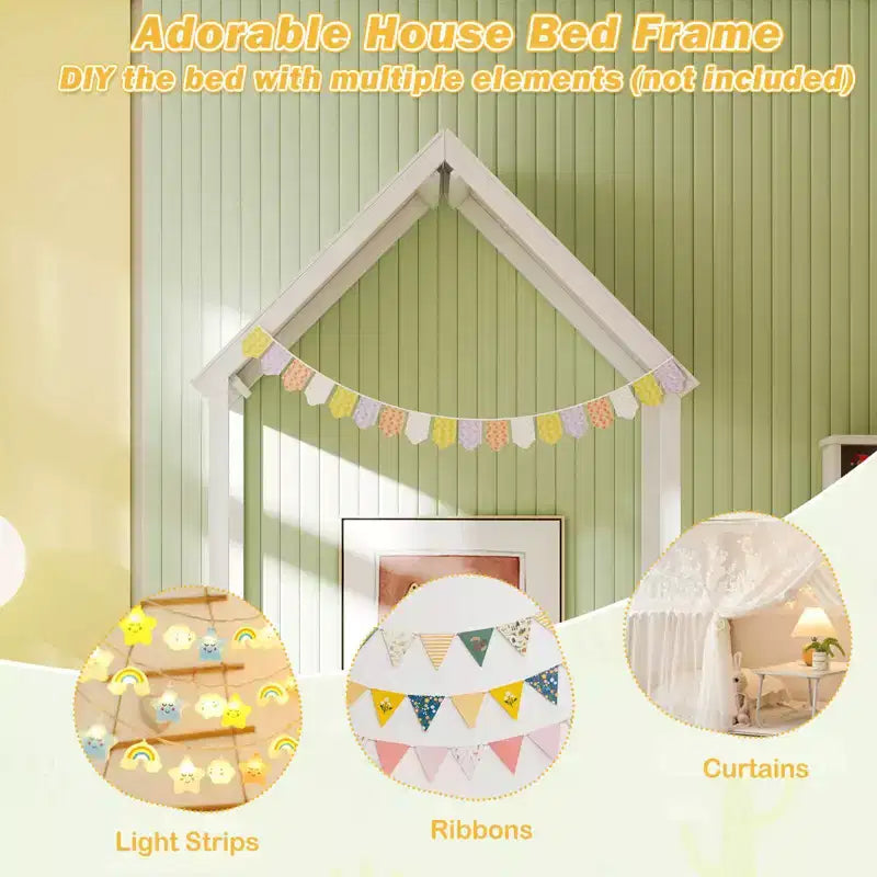 Costway Letto a Casetta per Bambini, Lettino Montessori a Pavimento con Tetto a Forma di Casetta e Mezza Recinzione, Naturale/Bianco/Grigio