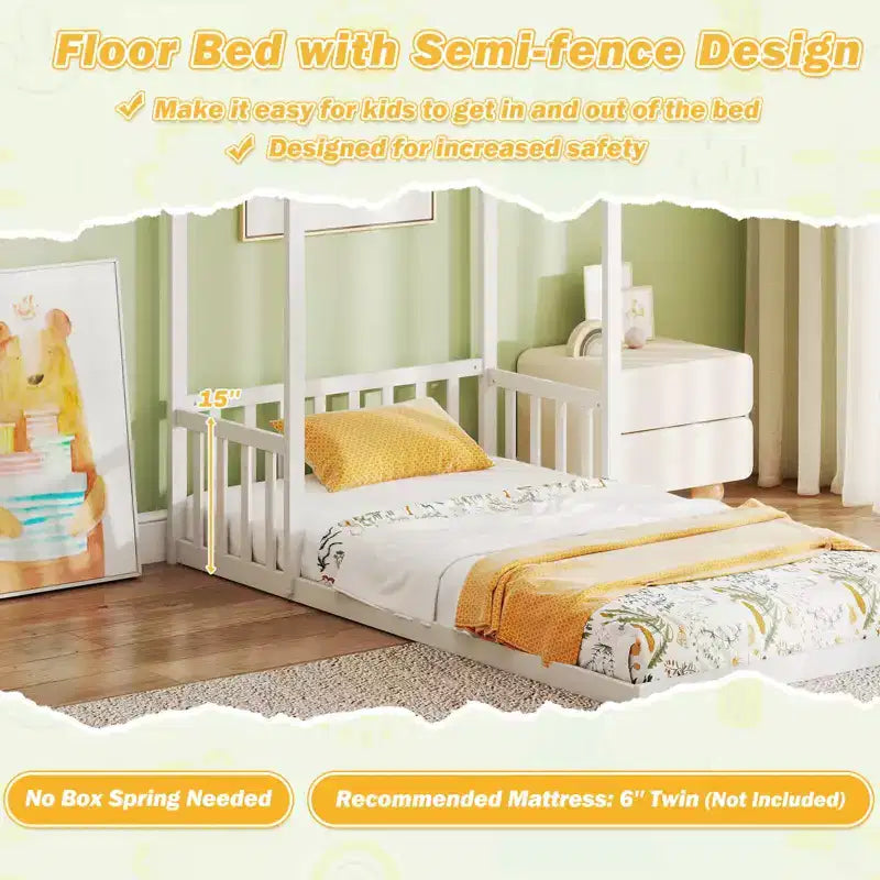 Costway Letto a Casetta per Bambini, Lettino Montessori a Pavimento con Tetto a Forma di Casetta e Mezza Recinzione, Naturale/Bianco/Grigio