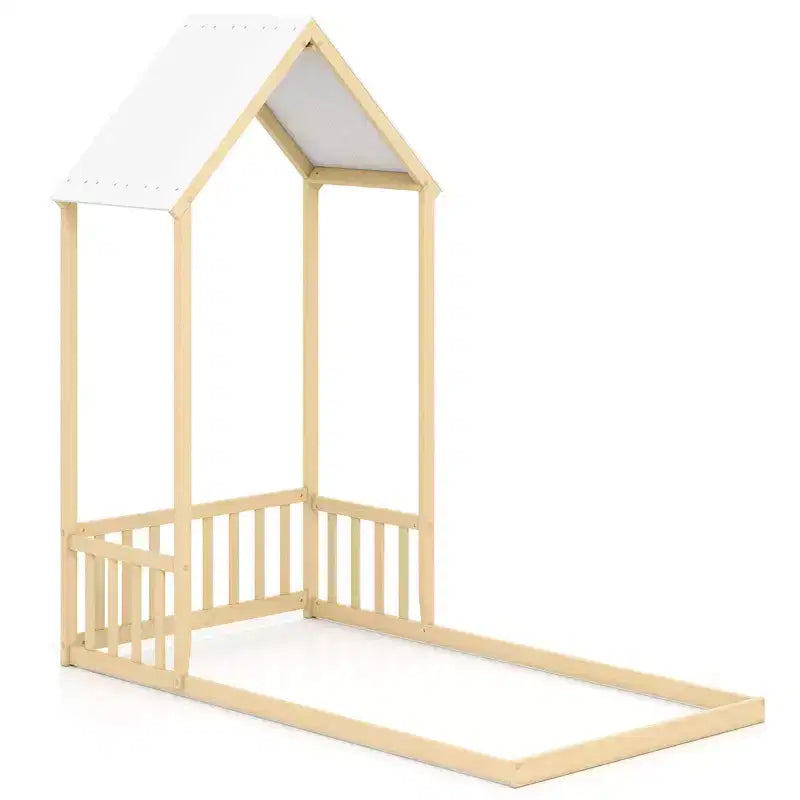 Costway Letto a Casetta per Bambini, Lettino Montessori a Pavimento con Tetto a Forma di Casetta e Mezza Recinzione, Naturale/Bianco/Grigio