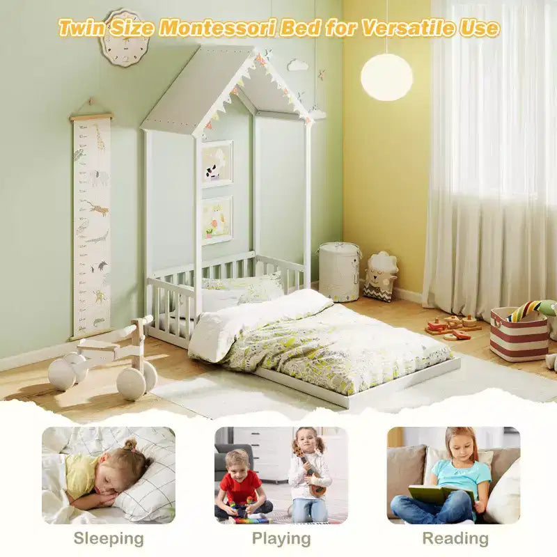 Costway Letto a Casetta per Bambini, Lettino Montessori a Pavimento con Tetto a Forma di Casetta e Mezza Recinzione, Naturale/Bianco/Grigio