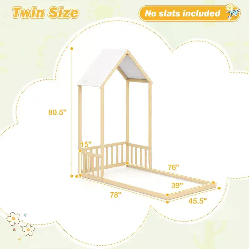 Costway Letto a Casetta per Bambini, Lettino Montessori a Pavimento con Tetto a Forma di Casetta e Mezza Recinzione, Naturale/Bianco/Grigio