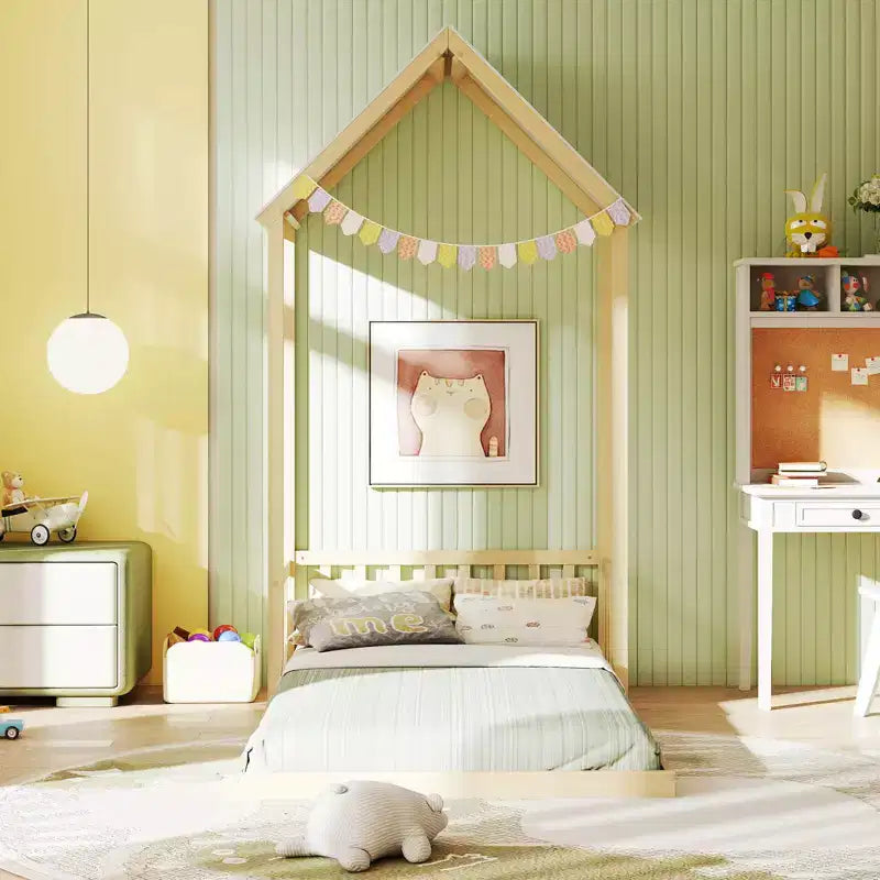 Costway Letto a Casetta per Bambini, Lettino Montessori a Pavimento con Tetto a Forma di Casetta e Mezza Recinzione, Naturale/Bianco/Grigio