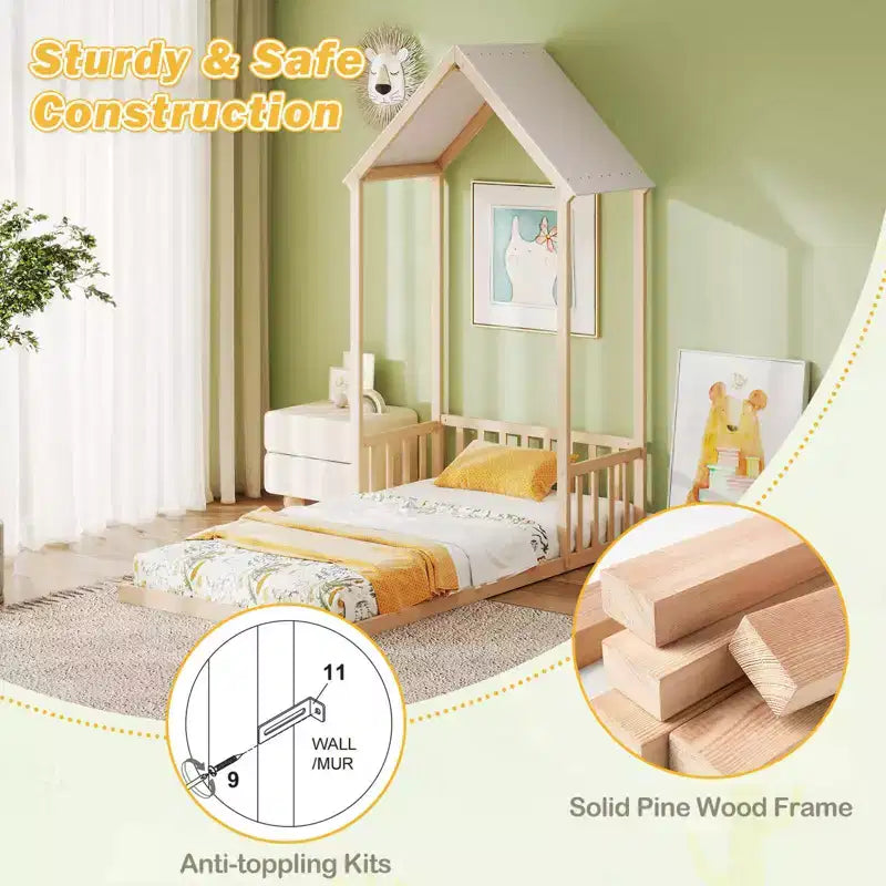Costway Letto a Casetta per Bambini, Lettino Montessori a Pavimento con Tetto a Forma di Casetta e Mezza Recinzione, Naturale/Bianco/Grigio
