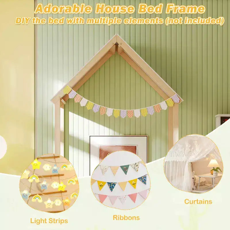 Costway Letto a Casetta per Bambini, Lettino Montessori a Pavimento con Tetto a Forma di Casetta e Mezza Recinzione, Naturale/Bianco/Grigio
