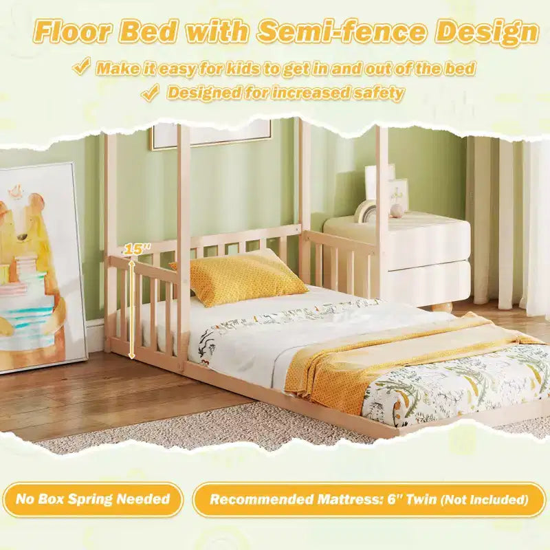Costway Letto a Casetta per Bambini, Lettino Montessori a Pavimento con Tetto a Forma di Casetta e Mezza Recinzione, Naturale/Bianco/Grigio