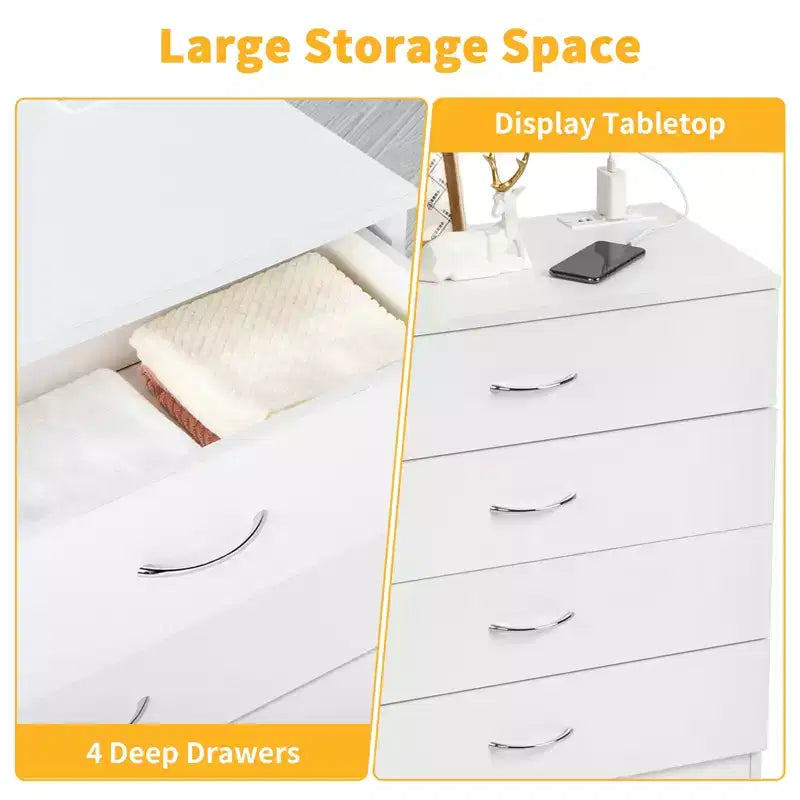Comodino PB Wood Simple a 4 cassetti con porte USB e presa, Bianco