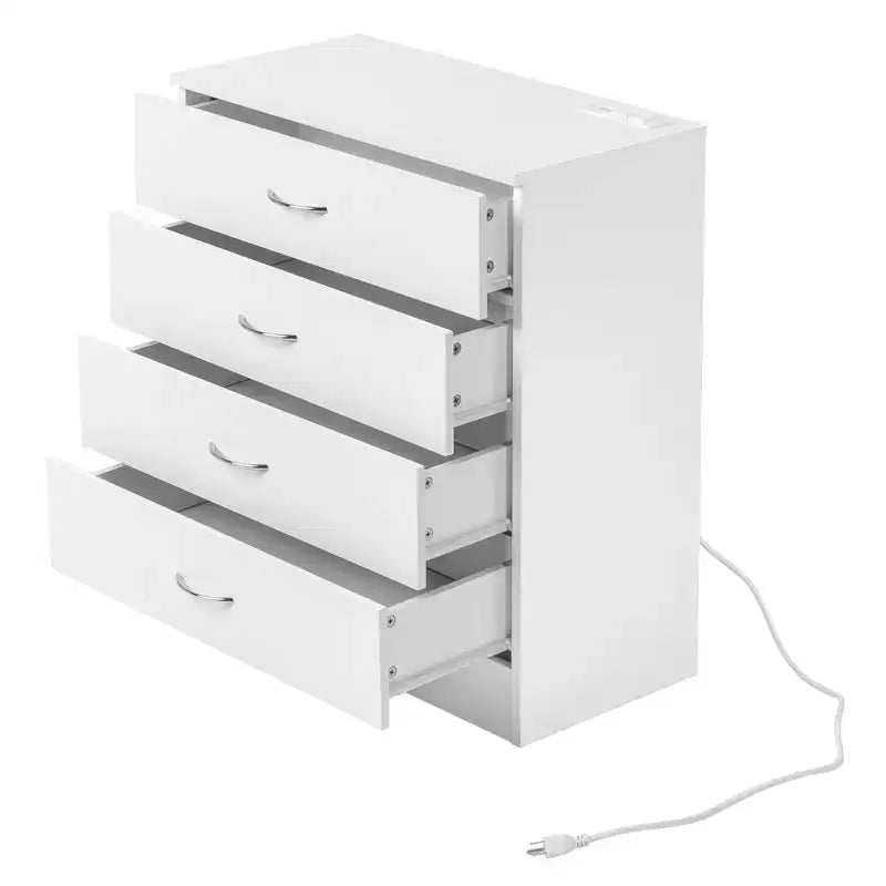Comodino PB Wood Simple a 4 cassetti con porte USB e presa, Bianco
