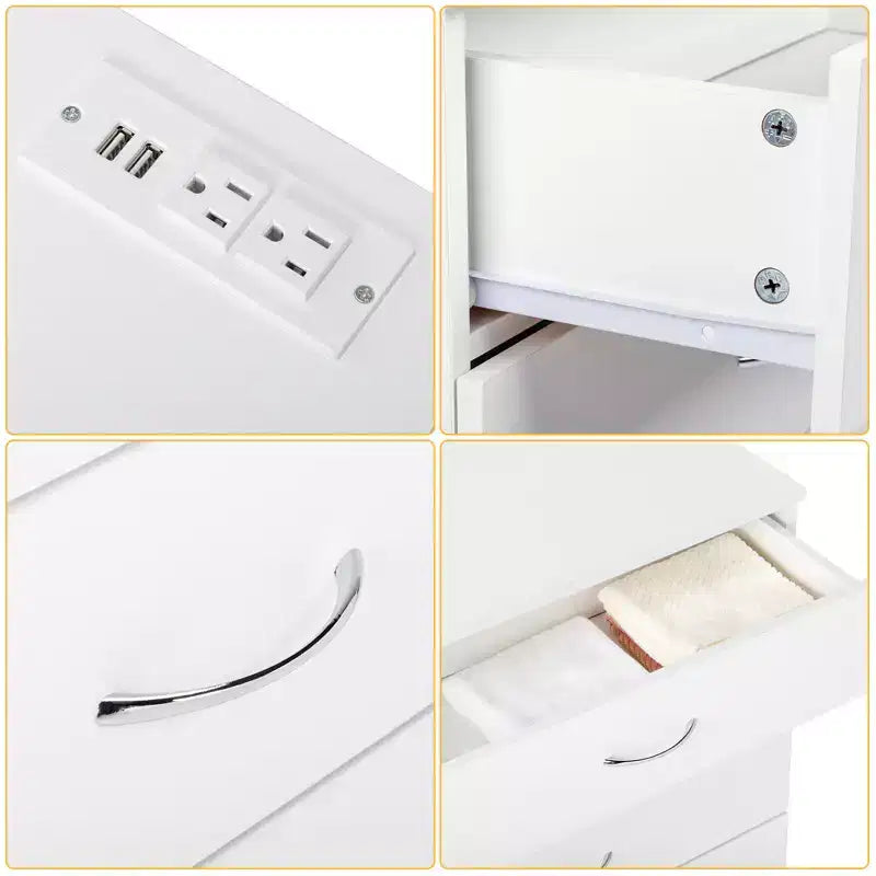 Comodino PB Wood Simple a 4 cassetti con porte USB e presa, Bianco
