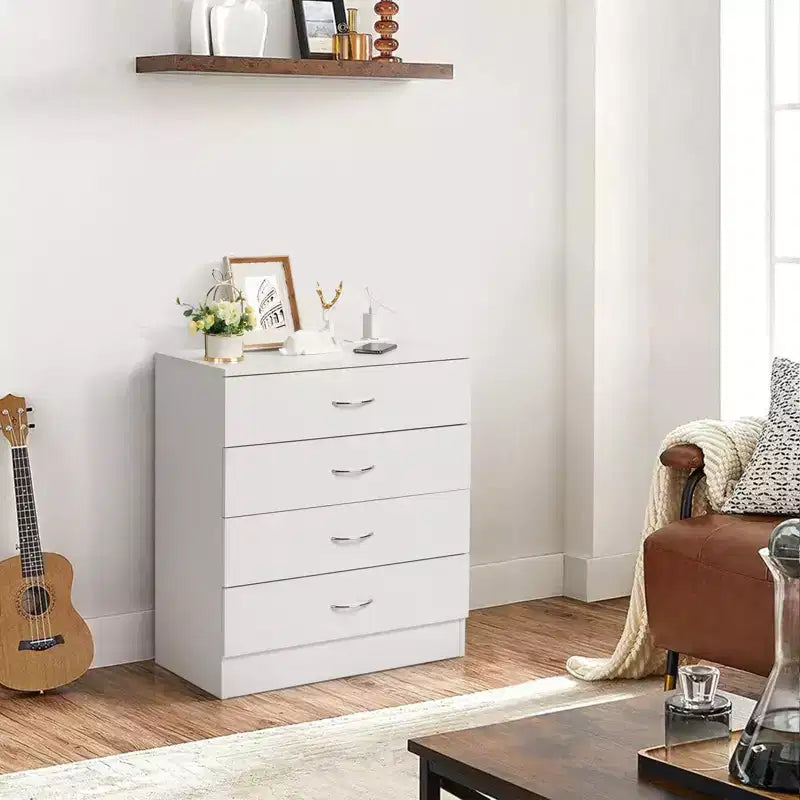 Comodino PB Wood Simple a 4 cassetti con porte USB e presa, Bianco