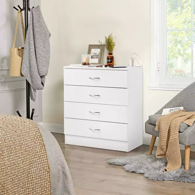 Comodino PB Wood Simple a 4 cassetti con porte USB e presa, Bianco