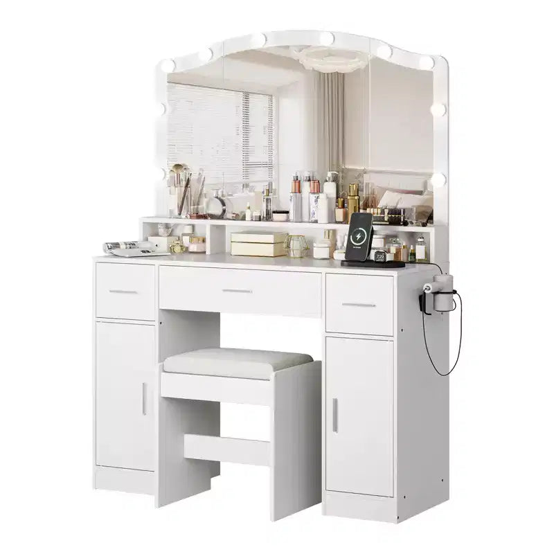 COZONY Toeletta con Specchio e Luci - Set Tavolo da Trucco con Sgabello, 3 Cassetti, Armadietti e Stazione di Ricarica