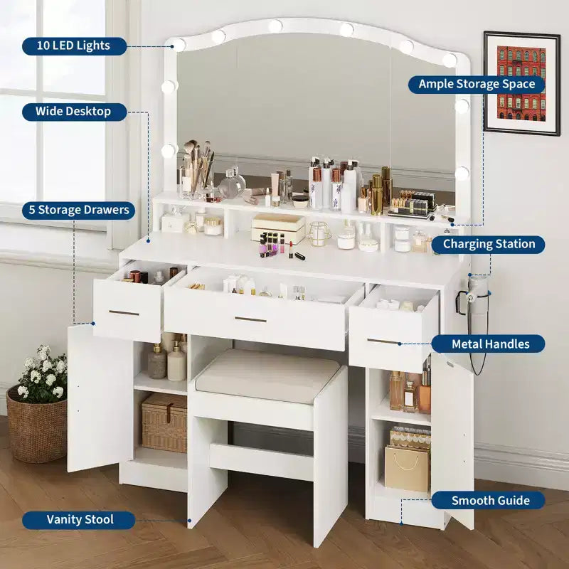 COZONY Toeletta con Specchio e Luci - Set Tavolo da Trucco con Sgabello, 3 Cassetti, Armadietti e Stazione di Ricarica