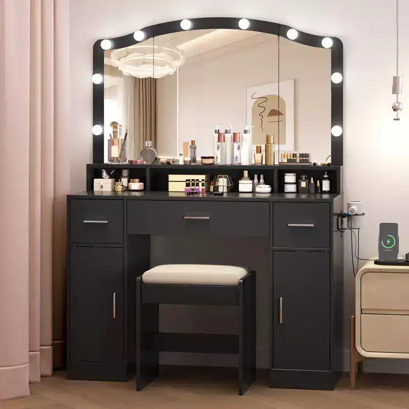 COZONY Toeletta con Specchio e Luci - Set Tavolo da Trucco con Sgabello, 3 Cassetti, Armadietti e Stazione di Ricarica