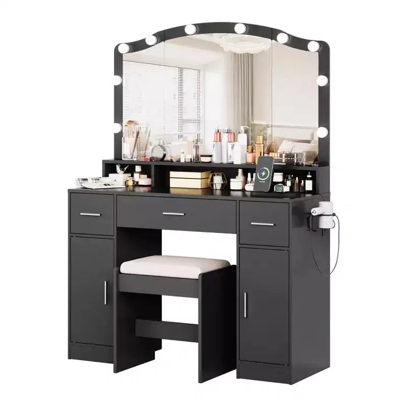 COZONY Toeletta con Specchio e Luci - Set Tavolo da Trucco con Sgabello, 3 Cassetti, Armadietti e Stazione di Ricarica
