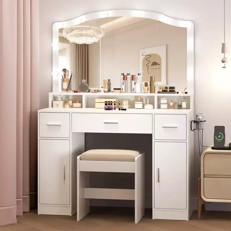 COZONY Toeletta con Specchio e Luci - Set Tavolo da Trucco con Sgabello, 3 Cassetti, Armadietti e Stazione di Ricarica