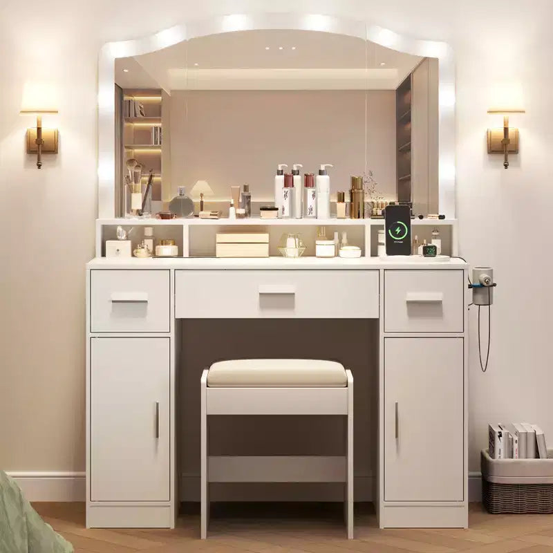 COZONY Toeletta con Specchio e Luci - Set Tavolo da Trucco con Sgabello, 3 Cassetti, Armadietti e Stazione di Ricarica