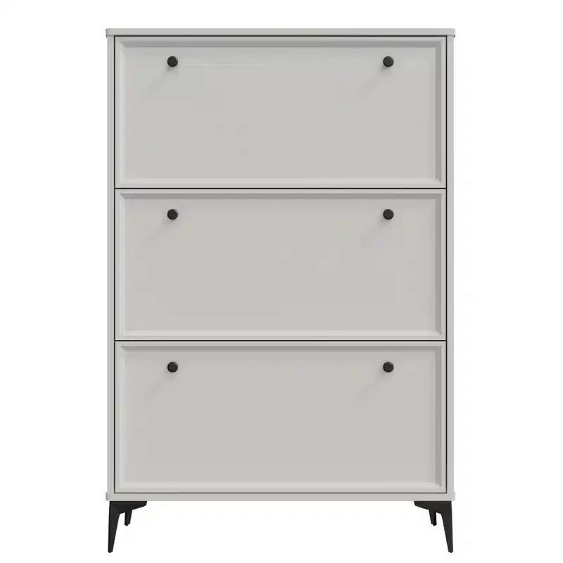 Scarpiera elegante Okak, Scarpiera con 3 cassetti a ribalta e gambe indipendenti, Scarpiera stretta per soggiorno, corridoio, Bianco lucido