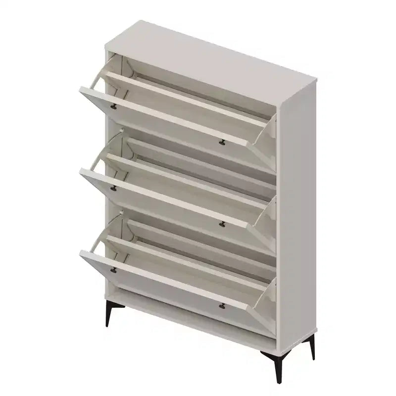 Scarpiera elegante Okak, Scarpiera con 3 cassetti a ribalta e gambe indipendenti, Scarpiera stretta per soggiorno, corridoio, Bianco lucido