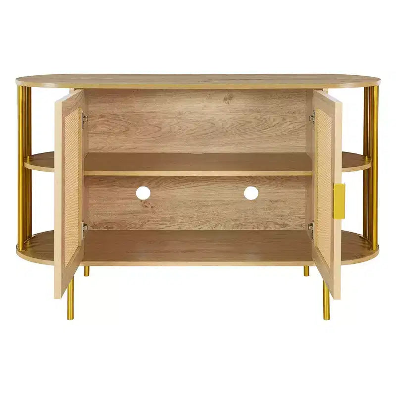Hostack Credenza Curva a 2 Ante con Finiture Dorate e Ante in Rattan Intrecciato per Sala da Pranzo, Naturale