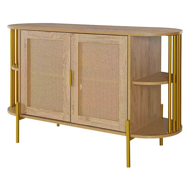 Hostack Credenza Curva a 2 Ante con Finiture Dorate e Ante in Rattan Intrecciato per Sala da Pranzo, Naturale