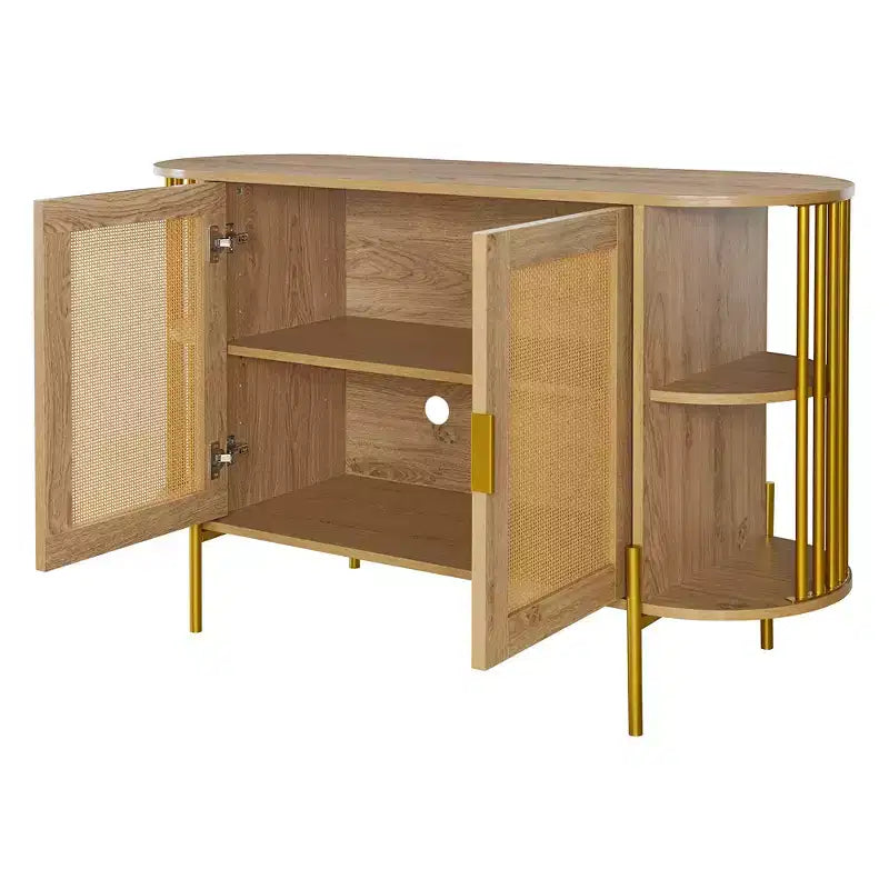Hostack Credenza Curva a 2 Ante con Finiture Dorate e Ante in Rattan Intrecciato per Sala da Pranzo, Naturale