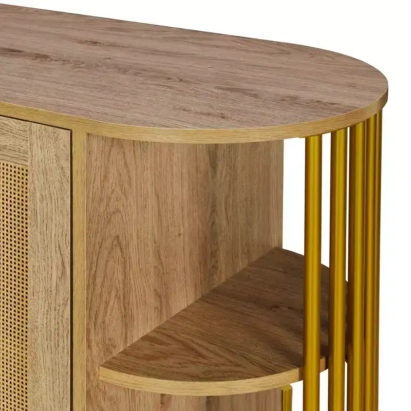 Hostack Credenza Curva a 2 Ante con Finiture Dorate e Ante in Rattan Intrecciato per Sala da Pranzo, Naturale