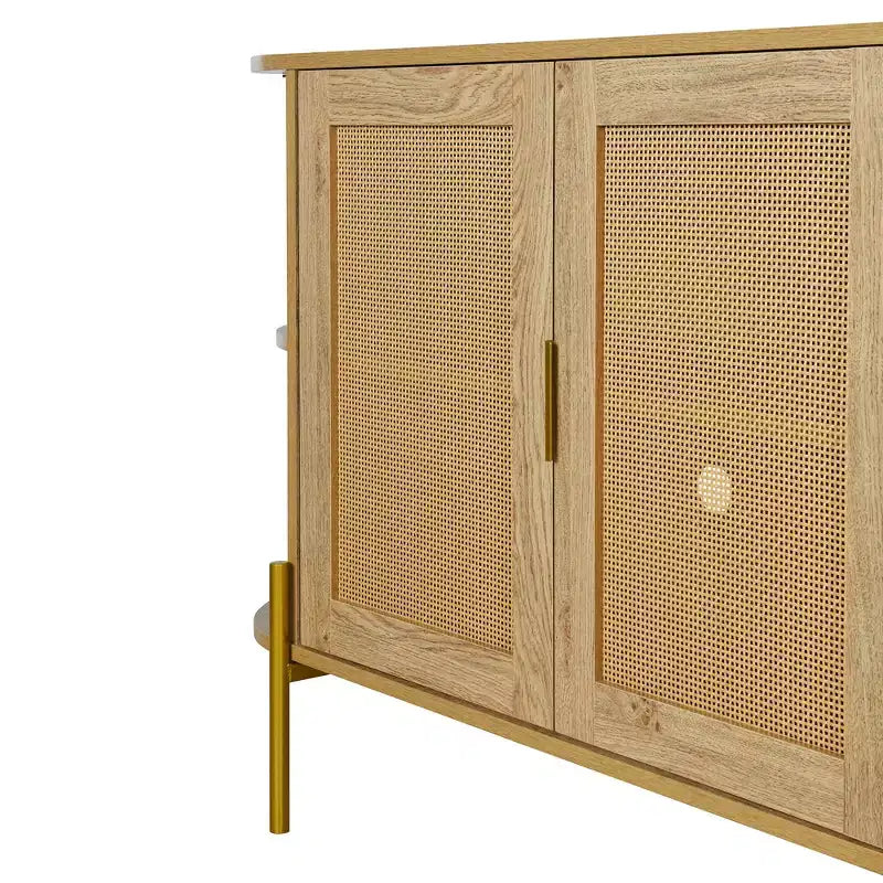 Hostack Credenza Curva a 2 Ante con Finiture Dorate e Ante in Rattan Intrecciato per Sala da Pranzo, Naturale
