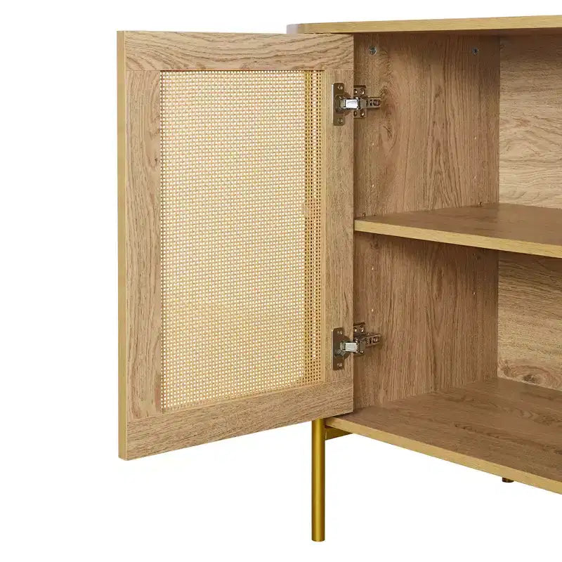 Hostack Credenza Curva a 2 Ante con Finiture Dorate e Ante in Rattan Intrecciato per Sala da Pranzo, Naturale