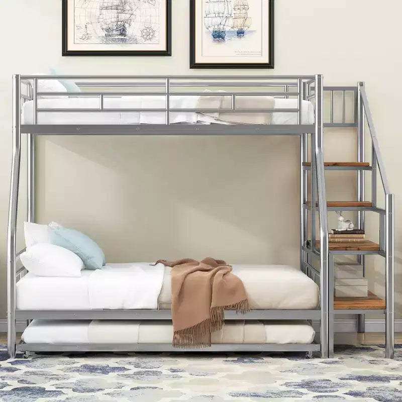 Letto a castello matrimoniale con letto estraibile e scala, letto a castello resistente con scala contenitore per camera da letto dormitorio