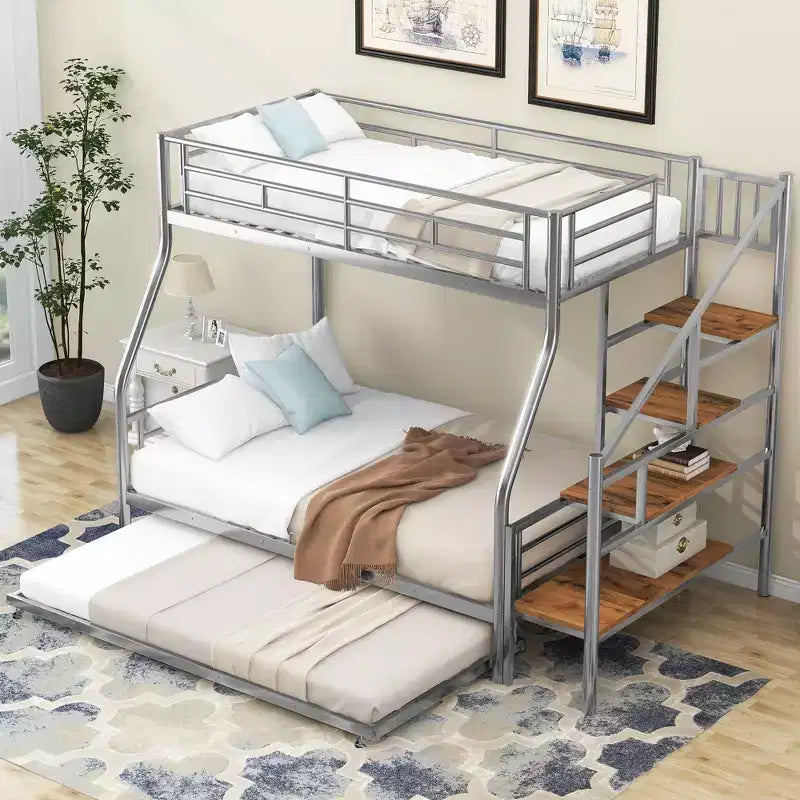Letto a castello matrimoniale con letto estraibile e scala, letto a castello resistente con scala contenitore per camera da letto dormitorio