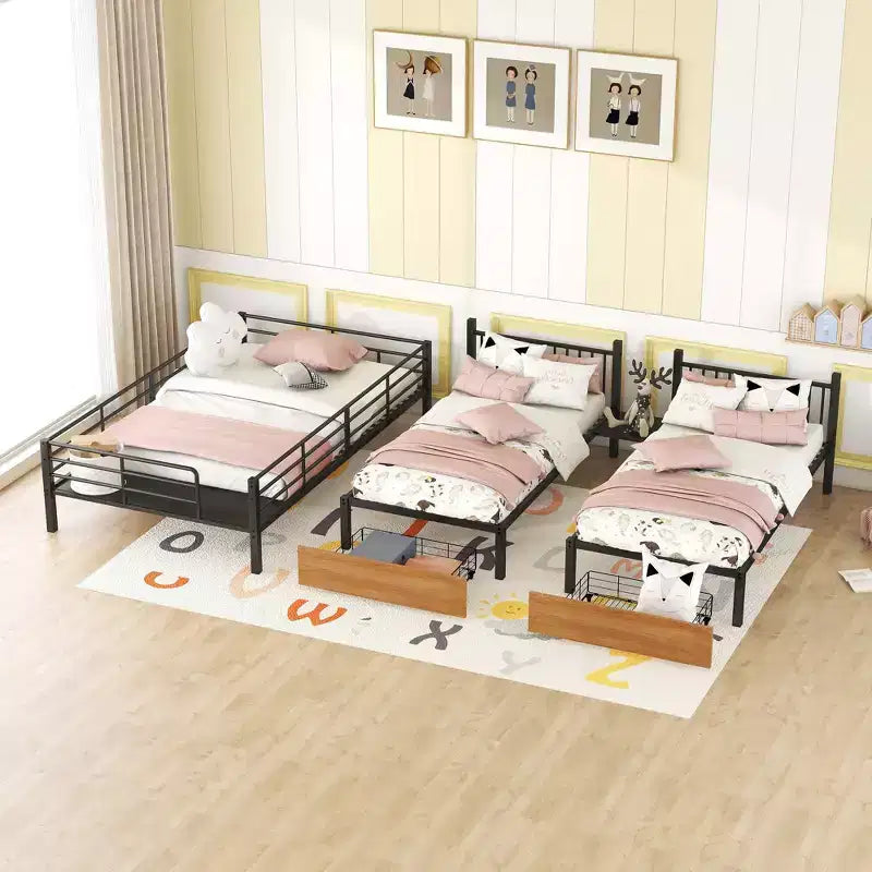 Letto a castello triplo in metallo Full over Twin-Twin con cassetti, telaio a castello resistente con scala di stoccaggio, nero