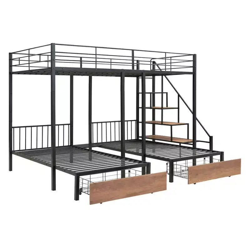 Letto a castello triplo in metallo Full over Twin-Twin con cassetti, telaio a castello resistente con scala di stoccaggio, nero