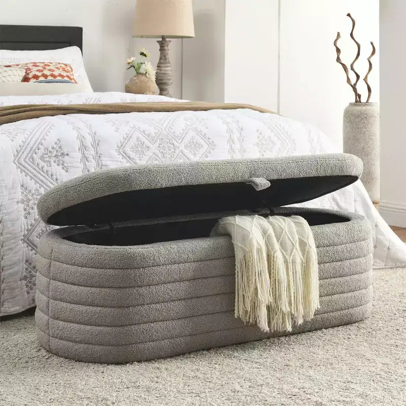 GustoWave Panca Pouf Contenitore Moderna Imbottita, Poggiapiedi con Seduta Imbottita e Cerniera di Sicurezza, Tessuto Lino, 47 cm P x 115.5 cm L, Grigio