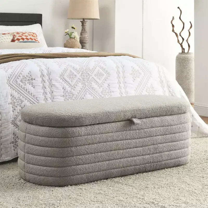 GustoWave Panca Pouf Contenitore Moderna Imbottita, Poggiapiedi con Seduta Imbottita e Cerniera di Sicurezza, Tessuto Lino, 47 cm P x 115.5 cm L, Grigio