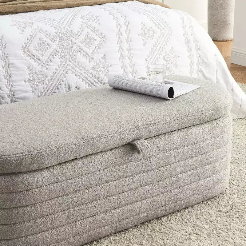 GustoWave Panca Pouf Contenitore Moderna Imbottita, Poggiapiedi con Seduta Imbottita e Cerniera di Sicurezza, Tessuto Lino, 47 cm P x 115.5 cm L, Grigio