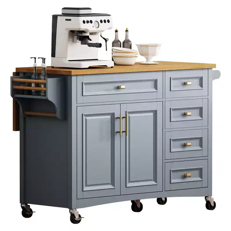 Isola da Cucina da 52'' in Stile Rustico con Anta a Ribalta, Carrello di Servizio con 2 Armadietti, 5 Cassetti, Porta Spezie e Porta Asciugamani, Ripiani Regolabili