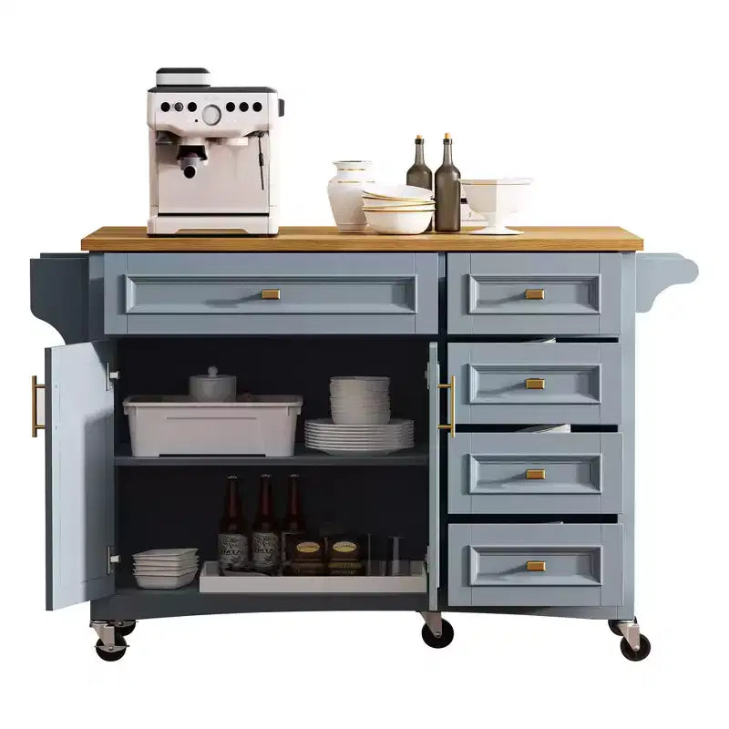 Isola da Cucina da 52'' in Stile Rustico con Anta a Ribalta, Carrello di Servizio con 2 Armadietti, 5 Cassetti, Porta Spezie e Porta Asciugamani, Ripiani Regolabili
