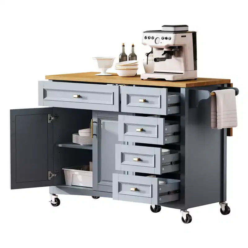 Isola da Cucina da 52'' in Stile Rustico con Anta a Ribalta, Carrello di Servizio con 2 Armadietti, 5 Cassetti, Porta Spezie e Porta Asciugamani, Ripiani Regolabili