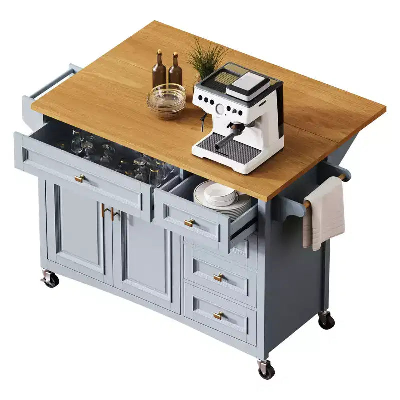 Isola da Cucina da 52'' in Stile Rustico con Anta a Ribalta, Carrello di Servizio con 2 Armadietti, 5 Cassetti, Porta Spezie e Porta Asciugamani, Ripiani Regolabili