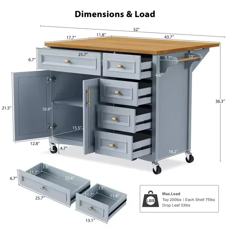 Isola da Cucina da 52'' in Stile Rustico con Anta a Ribalta, Carrello di Servizio con 2 Armadietti, 5 Cassetti, Porta Spezie e Porta Asciugamani, Ripiani Regolabili